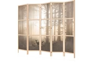 LUMASOUL Japansk rumsavdelare skärmvägg 225x172 cm Skog 25 | 5-delad dekorativ, Shoji-stil, hopfällbar, fristående, som insyn
