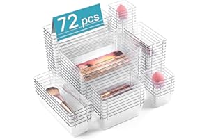 Lot de 72 organisateurs de tiroir de la marque Vtopmart en plastique transparent en 4 tailles pour salle de bain et coiffeuse, bacs de rangement pour maquillage, bijoux, ustensiles de cuisine et