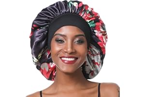 SENGTERM Bonnet de Nuit en Satin élastique à Large bande pour Femme,Cheveux Longs, Cheveux Bouclés (L, black flower)