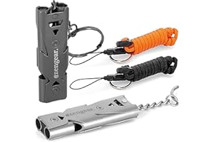 AZENGEAR Fischietto Potente (Coppia) con Cordino in paracord, Portachiavi │ Facile da soffiare, Impermeabile, Acciaio Inossidabile │ per Emergenza, Passeggiate con Il Cane, Sicurezza, Campeggio all'aperto