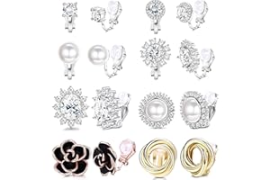 JeweBella 8 Paia Orecchini Clip Donna Ragazze Orecchini Senza Buco Donna Anallergici Orecchini Perle CZ Fiore Grande Vintage Orecchini a Clip Argento Oro Set Gioielli Regalo