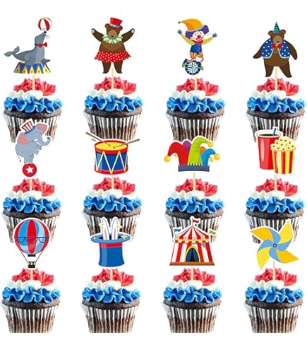 24 Circus Thema #2 Eetbare Cupcake Toppers - Stand Up Disc Wafer Cake Decoraties