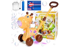 Goenb Máquina de Burbujas Automática, Hinchador de Burbujas Recargable Jirafa León Mover Césped Soplador de Burbujas con Luz LED para Niños