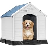 DEStar Durable Waterproof Plastic Pet Dog House Indoor Outdoor Dog Shelter Air Vent and Raised Ze