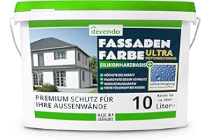 ‎DERENDO derendo Silikonharz Fassadenfarbe weiß mit ULTRA Wetterschutz, 10l, Selbstreinigungeffekt durch Abperleffekt wie beim Lotus Blatt Schutz vor Verunreinigungen durch hochwertige Silikonharz-Beschichtung