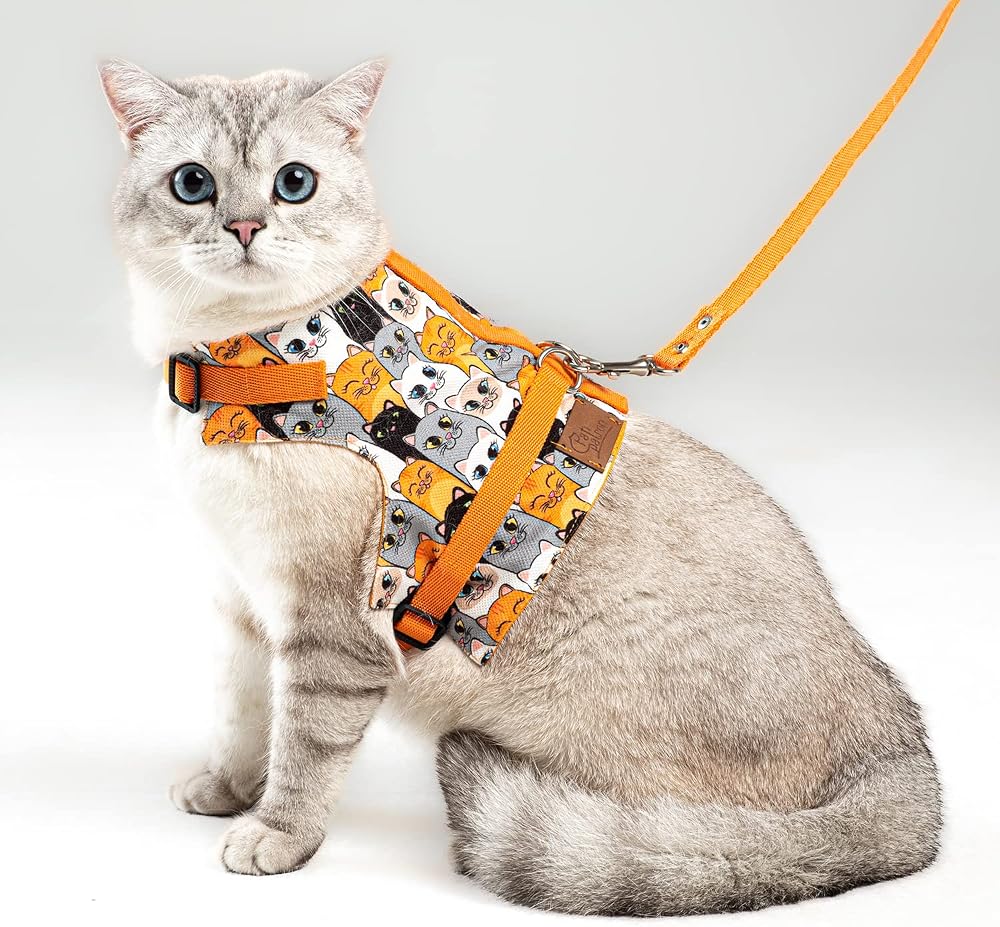 Patipatron Kaçış Önleyici Kedi Gezdirme Tasması Ve Küçük Irk Köpek Gezdirme Tasması (S, Turuncu Kedi Desenli)