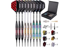 TURNART Dardos Punta de Plastico para Diana Electrónica Dardos Diana Electronica de Profesionales con 9 Piezas de 18 Gramos con 50 Puntas de dardo adicionales 20 Anillos de Goma 27 Plumas 9 Ejes de PC