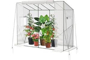 Velway Tomaten Gewächshaus Foliengewächshaus Stabil - 208x81x170/141cm Winterfest Tomatenhaus Schrägdach Garten Treibhaus mit PE Gitterfolie, Belüftungsfenster, Erdanker und Winddichten Seile - Weiß