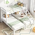 Azkoeesy 3ft Bunk Bed for 3 Kids, Triple Sleeper Wooden Slatted Bed Frame with Safety Guardrails and Ladder, White