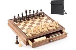 PUECROF Jeu d'échecs et de dames magnétiques en bois de noyer - Jeu de société 2 en 1 avec tiroir de rangement, 2 figurines supplémentaires pour femmes, 24 pions pour dames - Jeu d'échecs en bois pour enfants