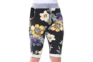 Love My Fashions® Women's Italian Shorts Ladies Summer Cotton Turn-Up 3/4 Cropped Printed Trousers Elasticated Drawstring Knee-Length Denim Magic Shorts