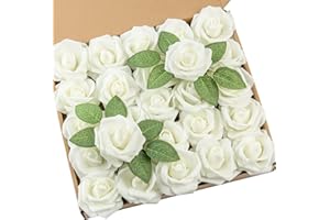 DuHouse Künstliche Rosen Blumen Fake Schaumstoff Rosen Köpfe mit Stiel Künstliche Blumen Rose für Hochzeit Home Party Baby Dusche Valentinstag Deko(25 Stück,Creme)