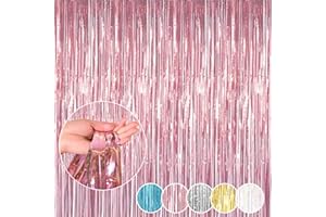 ILLUVA Metallic Tinsel Foil Fringe Curtains, Photo Booth Backdrop Hanging Door Streamers for Birthday Party, Pink Party Decorations-3.2Ft x 6.56Ft