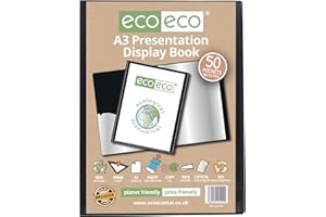 eco-eco A3 Size 50% Recycled 50 Pocket Black Presentation Display Book, Storage Case Portfolio Art Folder with Plastic Sleeves, eco199