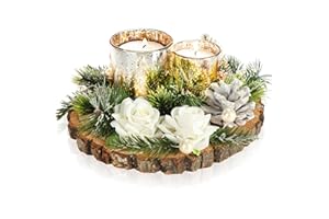 com-four® Portacandela - Portacandele Decorativo - Candeliere con Fiori, Ramoscelli e Coni su un Disco di Legno - Lavorazione Artigianale (2 portacandele - griglia per alberi)