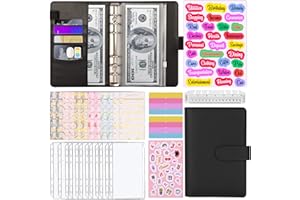 Budget Binder A6, AOTUAO 30pcs Leather Notebook Budget Binder with Cash Envelopes for Budgeting,Budget Binder with Zipper Envelopes, Money Organizer for Cash,Budget Sheets and Label Stickers-Black