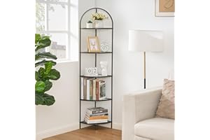 Homhedy 5-Tier Corner Shelf Stand, Metal Corner Bookshelf, Tempered Glass Shelves, Bathroom Storage Rack Shelf, Plant Stand, Modern Style, Black