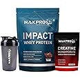 NAKPRO Impact Whey Protein Supplement Powder Combo (1 kg with Creatine & Shaker, Double Rich Chocolate)
