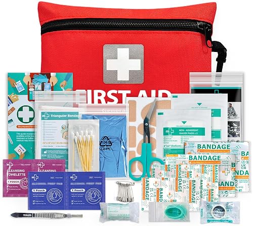 General Medi Mini First Aid Kit, 92 Pieces Small First Aid Kit - Includes Emergency Foil Blanket, Scissors for Travel, Home, Office, Vehicle, Camping, Workplace & Outdoor (Red)