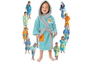 LEBENGOOD - Peignoir Enfants adolescents 100% Coton OEKO-TEX - 2 Poches, Ceinture, Capuche, Peignoirs en peluche très doux avec broderies pour enfants