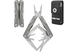 Swiss+Tech 16 in 1 Aluminum Handle Multi-Tool (Champagne), Multifunctional Pliers with Scissors, Saw, Bottle Opener, Screwdriver, Serrated Blade, Camping Multi-Tool, Outdoor Repairing, with Carry Bag