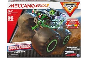 MECCANO - MONSTER TRUCK GRAVE DIGGER MECCANO JUNIOR - Véhicule Monster Truck Géant A Retrofriction - Jeu de Construction Avec 2 Outils - 6060171 - Jouet Enfant 5 Ans et +