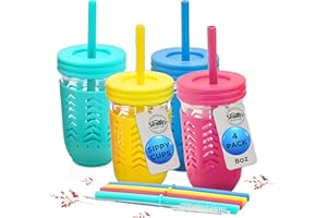 Smiths Mason Jars - Tazza per bambini con cannuccia - Set di 4 tazze in vetro da 8 oz a prova di perdite con manicotti in silicone - Barattolo colorato per bambini per viaggi e uso quotidiano