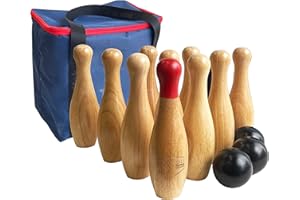 JACJOE ALL PRO Wooden Bowling Game Throwing Bottles Outdoor Lawn Game for Family Pins Game Set with Carring Bag (H 26cm, 10 pins+3 balls)