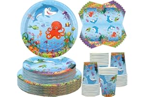 ENCETARDE Under The Sea Party Supplies - Servizio da tavola per feste in mare oceano, 40 piatti piani, 40 piatti da dessert, 40 tazze, 40 tovaglioli per decorazioni per feste di compleanno del mondo subacqueo,