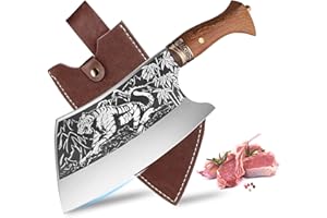 PURPLEBIRD Couperet à Viande Forgé Couteau de Boucher Couteau Désosser Lourd Couteau Extérieur Couteau Acier Carboné Inoxydable Full Tang Gaine en Cuir Couteau de boucher Hachoir