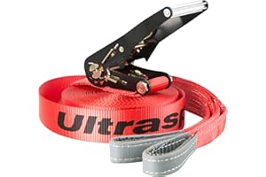 Ultrasport Slackline 15m-25m, avec cliquet et Sac Transport, Jeu Complet Slackline, Disponible avec et sans Protection d'arbre, Jeu Slackline, Slackline Fitness, certifié TÜV GS, Enfants et Adultes