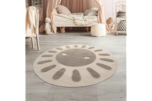 TT Home Tapis De Jeu Chambre Enfant Garcon Fille Soleil Soft 3D Modern Peluche, Couleur:Beige Foncé Crème, Dimension:160 cm Rond