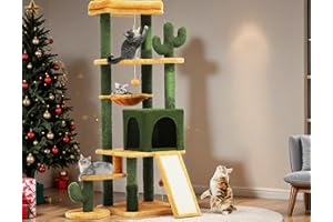 YITAHOME Tall Cactus Cat Tree Tower with Self-Grooming Brush, 60in Cute Cat Climbing Tower for Indoor Cats with Cat Condo, Top Perch, Basktet, Sisal Scratching Posts and Board,Balls