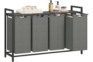 VASAGLE Tvättsorterare, Tvättkorg med 4 Fack, 4 x 40 l, med Hylla, Stålram