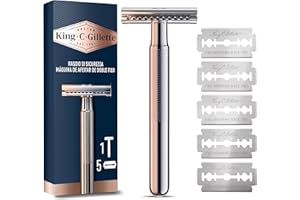King C. Gillette Maquinilla De Afeitar De Doble Filo Para Hombre Con Mango De Metal De Larga Duración Y Revestimiento Antifricción Para Perfilado De Precisión Y Clásico, Con 5 Hojas