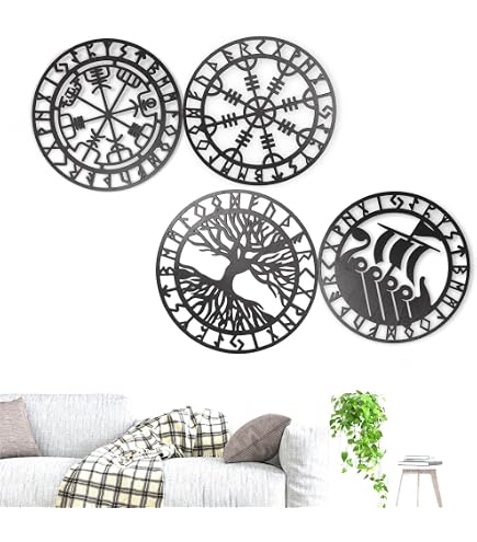 Arsey Lot De 4 Décorations Murales Viking - Bois 30x30 Cm - Marteau De Thor, Loup Fenrir, Dragon, Arbre De Vie - Style Nordique Médiéval - Adhésif Double Face Inclus