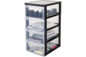 Iris Ohyama Kunststoff-Schubladenbox mit Rollen, 4 flachen Schubladen, Schwarz, Griffe zum Ziehen, Für Schlafzimmer, Bad, Schule & Büro, BPA-frei, Schubladenschrank, Rollcontainer, A4 Drawer, DC-004