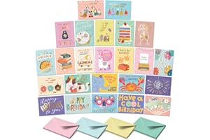 SWEETZER & ORANGE S&O Box of Birthday Cards with Envelopes - Bulk 24 Unique Happy Day Notes - Colorful Birthday Decor Bulk for Office & Home - Assorted Party Cards with Envelopes - 4x5.5”