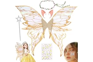 KOVSGQ Alas De Hada Brillantes Alas De Mariposa Alas De Estrella Disfraz Hada Mujer 5 Piezas Feenflügel Kostüm Adultos Niñas para Halloween Navidad Carnaval Cosplay Fiesta Cumpleaños (Dorado)