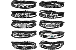 MILAKOO 6 pezzi Bracciale in pelle intrecciata per uomo Donna Bracciale avvolgente con perline in legno regolabile