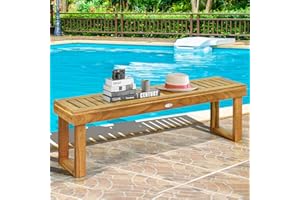 GOPLUS Banc de Jardin en Bois d'Acacia, Banc de Chaise sans Dossier Accoudoirs, Assise Respirante avec Lattes et Grands Pieds,Tabouret Long avec 3 Places 132x34x43,5cm (Pieds avec Barre)