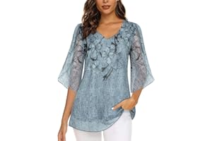 Syphiby Womens Overlap Ruffle Sleeve V Neck Elastic Mesh Blouse Loose Flowy Tunic Tops