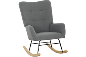 HOMCOM Rocking Chair, Teddy Upholstered Accent Chair, Modern Armchair with Wide Backrest and Rubberwood Base for Living Room, Bedroom, Grey