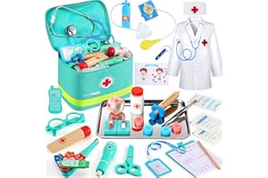 Perbabe Maletín Médico de Madera con Estetoscopio Real, Bata y Gorro - Kit Doctor 32 Piezas - Juguete Educativo de rol para Niños 3 4 5 6 7 8 9 10 Años Regalo para Cumpleaños/Navidad