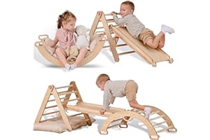 GOODEVAS 4-in-1 Telaio di Arrampicata per Bambini - Scala a Triangolo, Arco di Arrampicata, Scivolo/Corda e Cuscino, Telaio di Arrampicata Montessori, Palestra in Legno per Bambini, 1-3 Anni