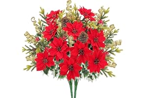 FALSKT 2PCS Stelle di Natale Finte Stella di Natale Artificiale Fiori Finti Natalizi con Decorazione in pizzo dorato, Pigne Naturali per Vaso Seta per Decorazioni Natalizie Casa e Feste