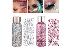 Zilams 2 Piezas Lentejuelas de Sirena Con Purpurina Líquida Maquillaje Purpurina Cara Chunky Glitter Body Gel Glitter Maquillaje Festival Accesorios Brillantes para Cara Pelo Uñas Labios (Plata+Rosa)