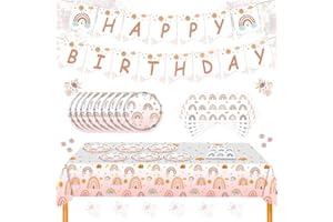 Anevios 56 Pièces Decoration Anniversaire Fille Arc en Ciel Bohème Vaisselle Anniversaire Assiettes Serviettes Drapeaux D'anniversaire Nappe de Table pour les Fêtes, Mariages, Baby Shower