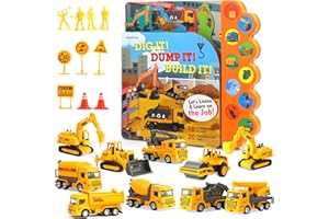 iGRATENS Construction Toys with Sound Books - Dig It! Dump It! Build It! 20 PCS Construction Truck Toys & Construction Board Book with 10 Buttons for 3+ Year Old, Great for Little Construction Lovers