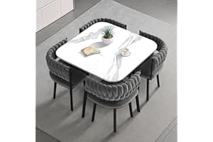 VTELGT Marble Dining Table and Chairs Set 4, 5 Piece Modern Dining Table Set, Rock Slab Tabletop with 4 Weave Velvet Chairs for Space Saving,White Square Grey